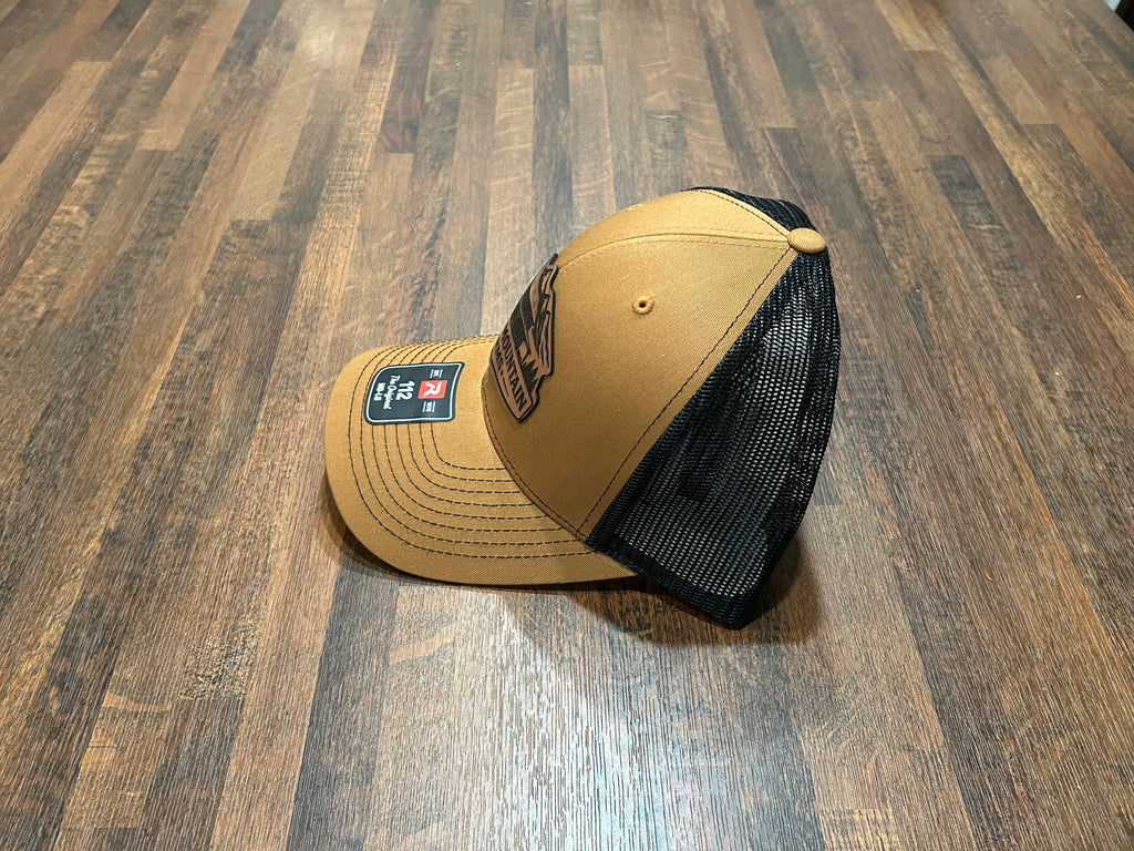 Lindsey Mountain Farms Leather Patch Trucker Hat – Carmel/Black Richardson 112